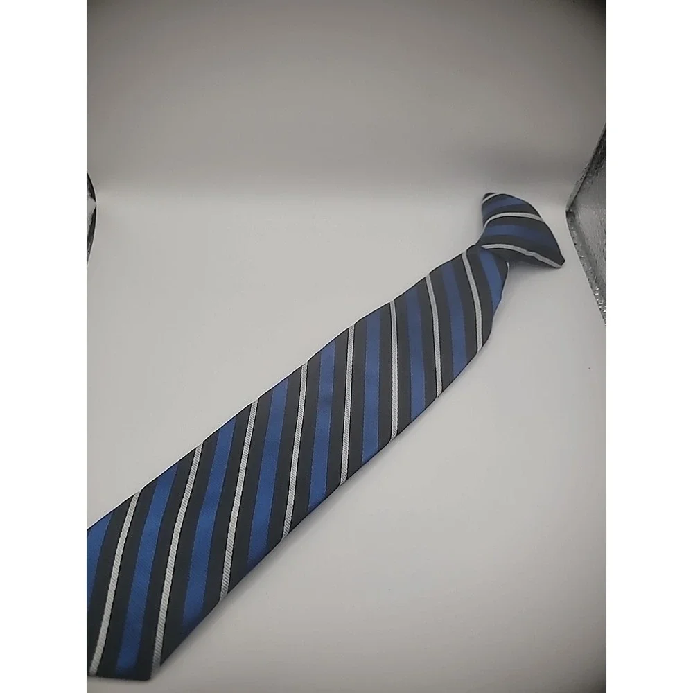 Unbranded Boys Clip On Tie Blue White Black Striped Shirt Suit